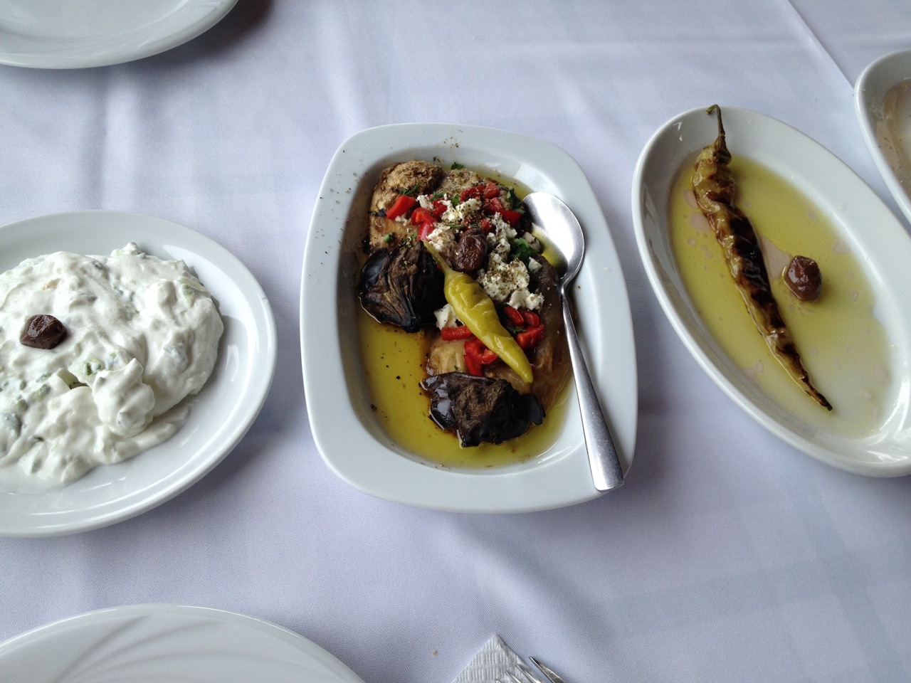 Great starters: tzatziki, baked eggplant and baked hot pepper